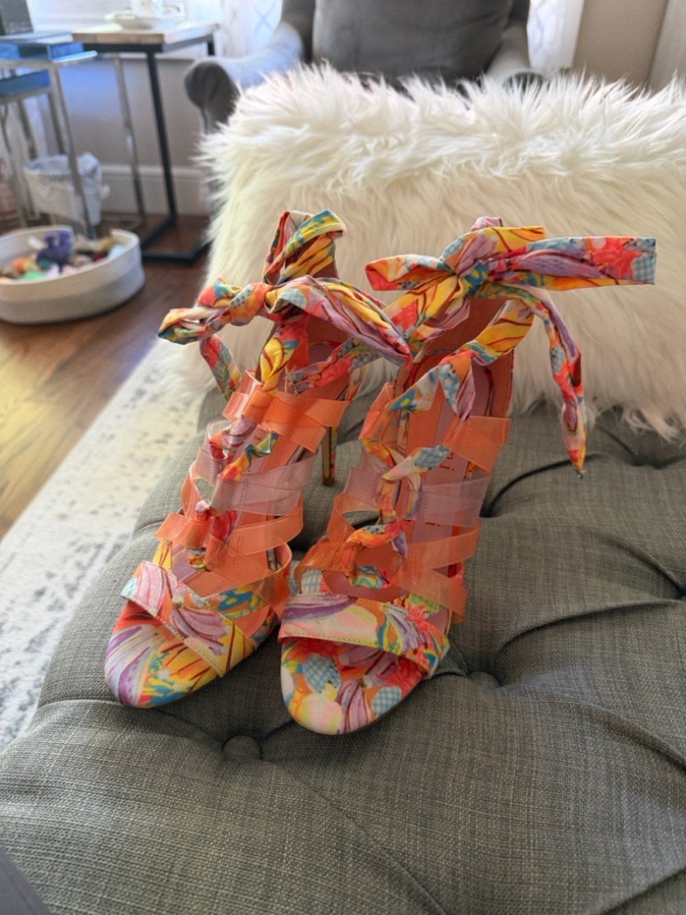 Gianni Bini Orange Multicolor Tie-Wrap Strappy Heels